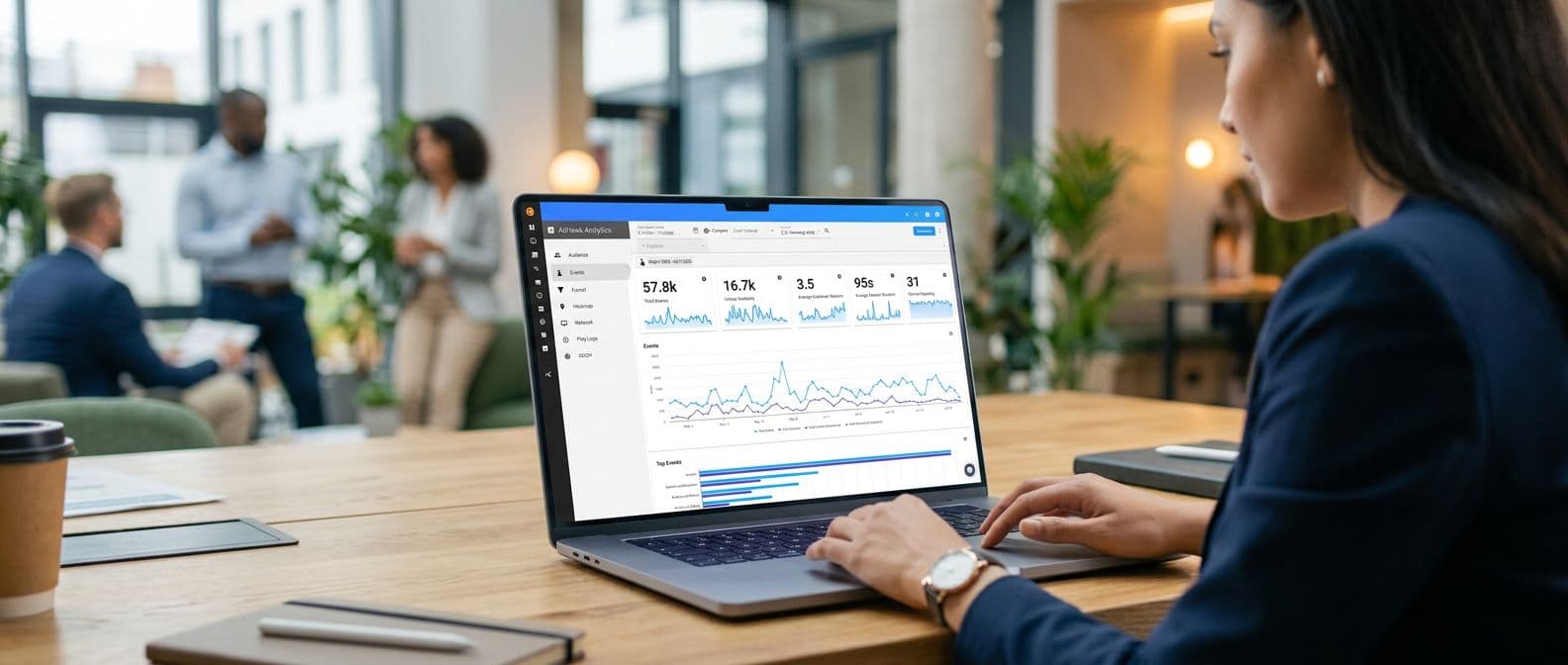 A marketing professional reviewing the AdHawk Analytics dashboard on a laptop in a modern office