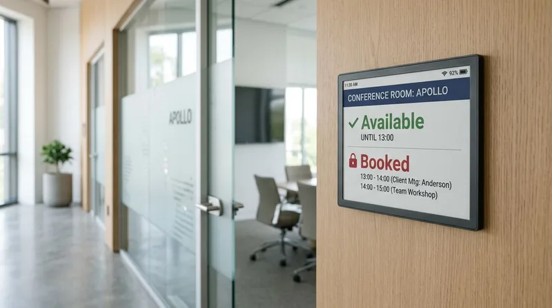 Solis ePaper conference room door sign showing availability beside a glass meeting room