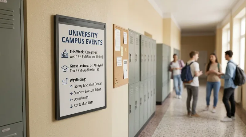 Solis ePaper poster showing campus events and wayfinding in a university hallway
