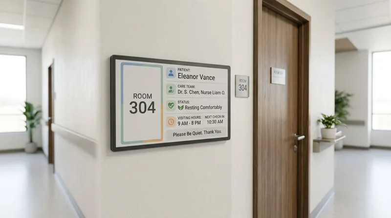 Solis ePaper patient-room sign showing room and care details in a hospital corridor