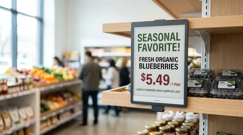 Solis ePaper shelf-edge sign showing a seasonal produce promotion in a grocery store