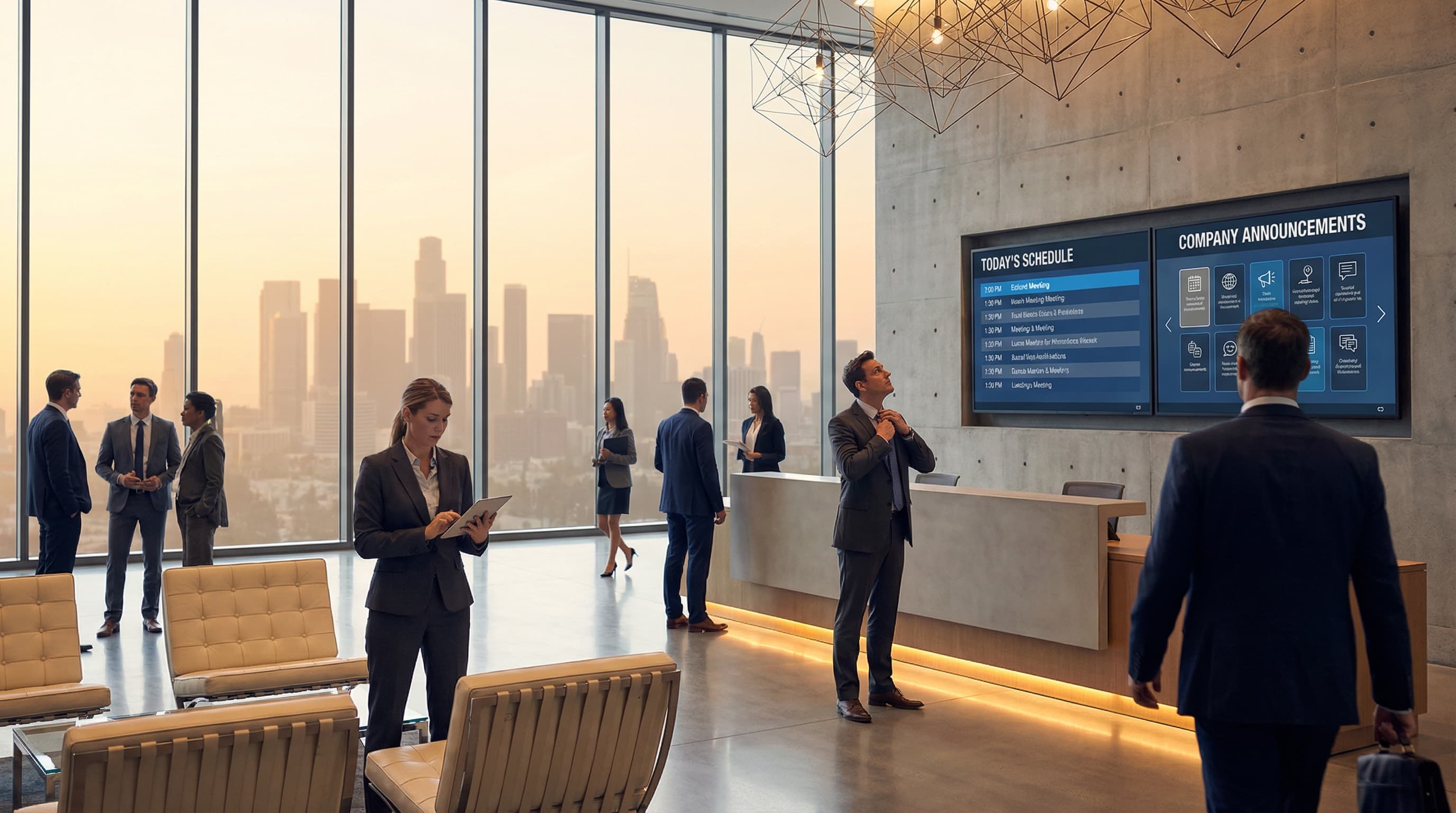 Modern corporate lobby with digital display showing company news and KPI dashboard