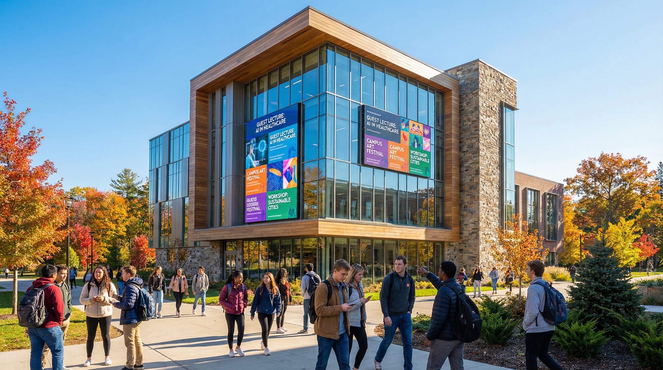 University student center with large digital display showing campus events and announcements