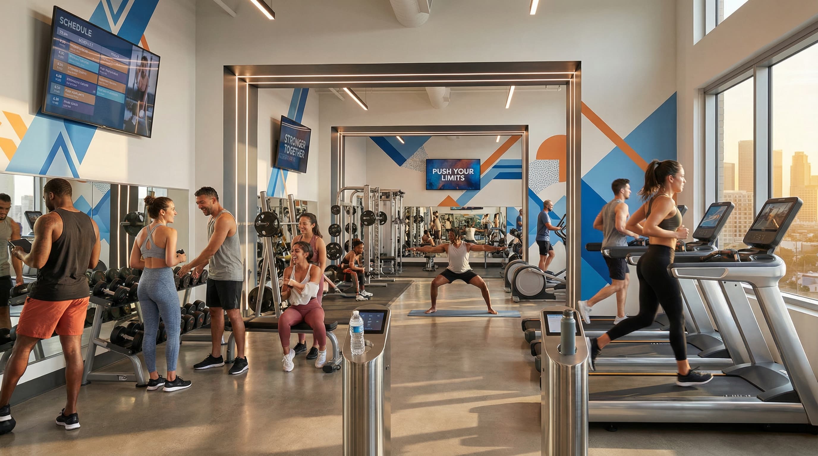 Modern fitness center with digital class schedule displays