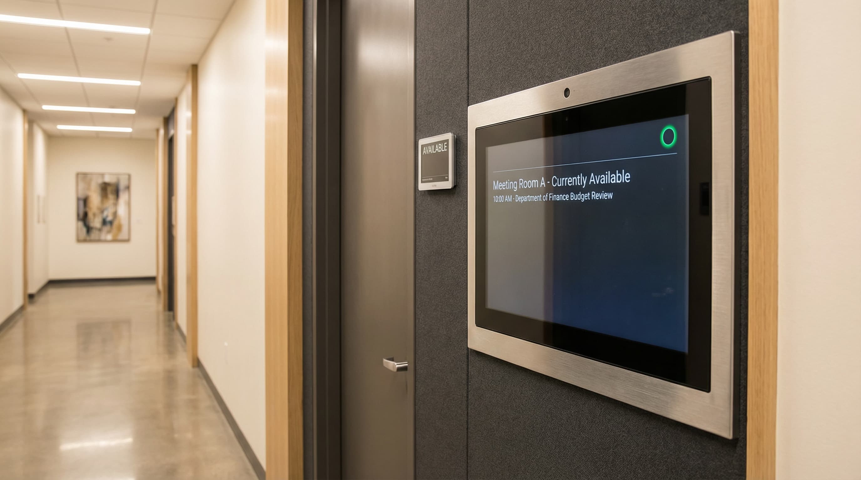 Modern civic center with digital information displays