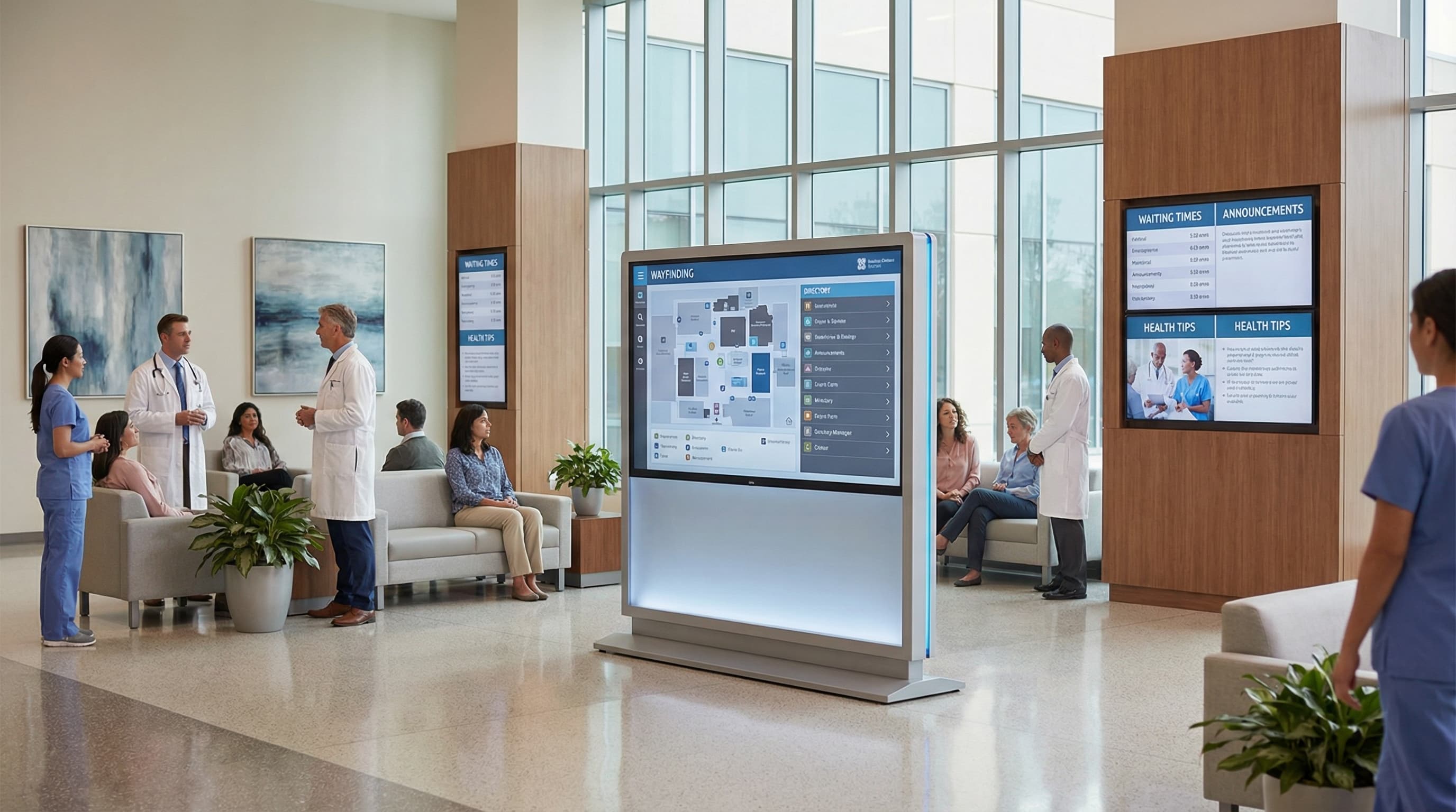 Modern healthcare facility with digital wayfinding displays