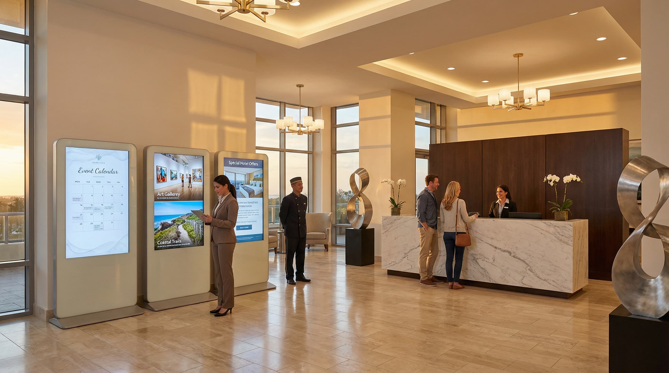 Upscale hotel lobby with digital welcome display and event directory